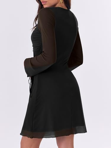 Caracilia Womens Sexy Mesh Ruched Mini Dresses Long Sleeve Square Neck Tie Fall Club Party Cocktail Short Dress 2025 Fashion4