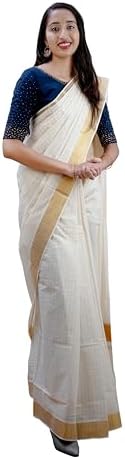 Malayali Fashion Kerala Set Saree for Women – Pure Cotton Saree In 3" Golden Kasavu Border With Running Blouse Piece (Checks)