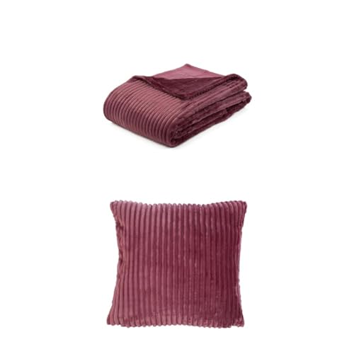 Gözze Cord Optik Wohndecke & 2er Set Cord-Kissen, 150x200 cm + 50x50 cm, Farbe: Beere