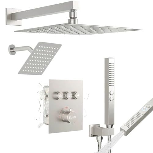 Thermostatic Shower System Brushed Nickel, STARBATH Shower Faucets Sets 12+ 6" Wall Mount Rain Shower and 2 in 1 Handhled, Can Use All at Once, Push Button 3 Modes Valve Complete Shower Set