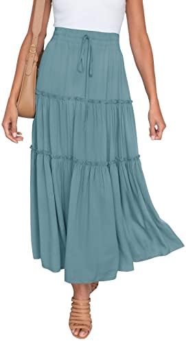 HAEOF Women's Boho Elastic High Waist A Line Ruffle Swing Beach Maxi Skirt with Pockets (Dusty Blue, Large)