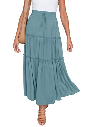 Haeof HA32011SKIRT1-DUSTYBLUE-L Women'S Boho Elastic High Waist A Line Ruffle Swing Beach Maxi Skirt cover