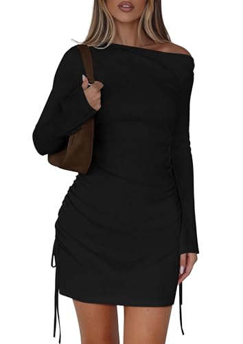 PRETTYGARDEN Long Sleeve Dress for Women Early Fall Fashion 2025 Cocktail Party Bodycon Off The Shoulder Mini Ruched Dresses
