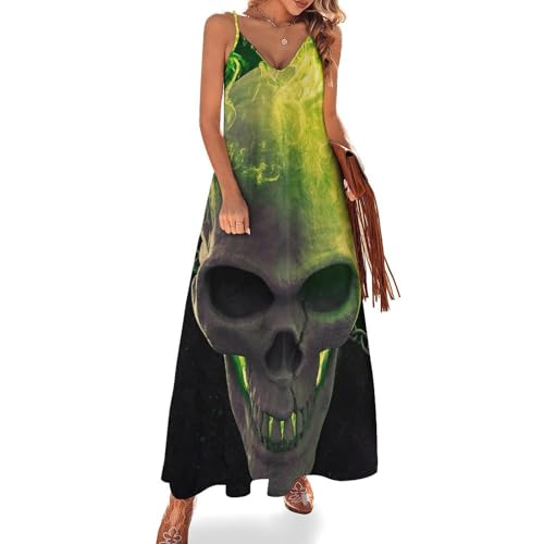 Robe Longue d'Été sans Manches à Imprimé Crâne et Col V