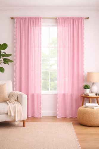 Image of THE LINEN COMPANY Cotton Linen Solid Eyelet Curtain for Window, Baby Pink, Light Filtering Fabric, Elegant Home Decor Curtain Panel, 4 Feet