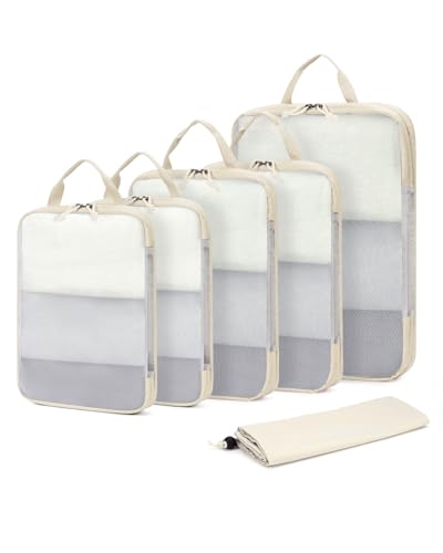 ECOHUB 6 Set Compression Packing Cubes, Lightweight Beach Vacation Travel Essentials Durable Travel Accessories for Suitcase Carry On Luggage Organizer Bags with YKK Zippers Shoe Bag, Beige