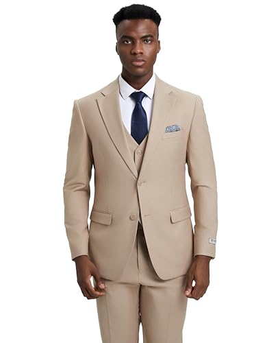 STACY ADAMS Suits 3pc Suit Set, Jacket Vest and Dress Pants,Hybrid-Fit Suits Tan