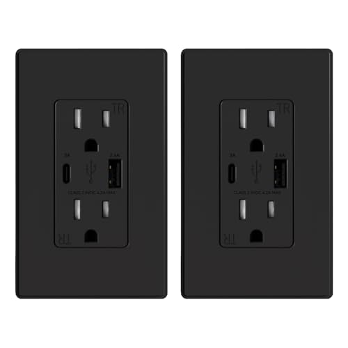 ELEGRP USB Charger Wall Outlet, USB Receptacle with Type A & Type C USB Ports, 15 Amp Duplex Tamper Resistant Receptacle Plug NEMA 5-15R, Wall Plate Included, UL Listed (2 Pack, Matte Black)