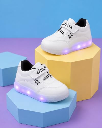 Image of Kids Athletic Shoes with LED Light, Hook and Loop Closure, White