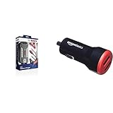 Bosch 018999903M Mikroprozessor Auto Batterieladegerät KfZ C3 & Amazon Basics - Kfz-Ladegerät für Apple- & Android-Geräte, USB-Anschluss: 2 Eingänge, 4,8 Ampere / 24 W, Schwarz/Rot