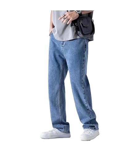 Mens Jeans Spring Straight Denim Pants Banding Waist Wide Leg Loose Streetwear Casual Fashion