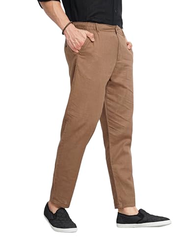Image of Celio Men Brown Solid Regular Fit Linen Trousers