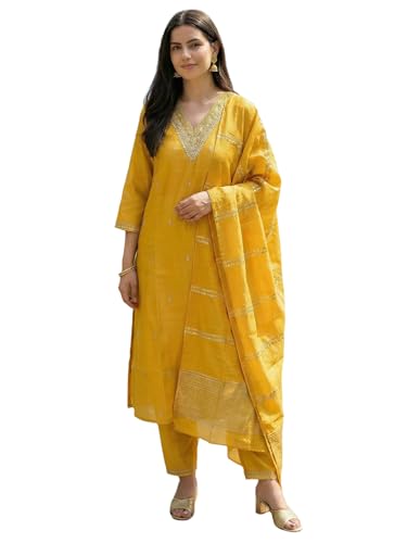 Image of INDO ERA Women's Silk Blend Embroidered Thread Work Kurta & Pant with Dupatta Set | Suit Set For Women