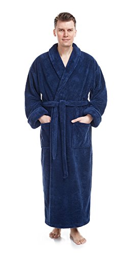 Arus Men's Shawl Collar Full Length Long Fleece Robe, Turkish Bathrobe, Navy Blue, L/XL