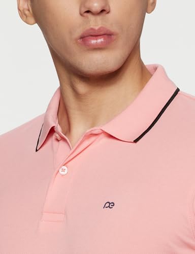 Image of Peter England Men's Snug Fit Solid Polo T-Shirt with Coloured Collar Tipping| Cotton Rich| Premium Pique Weave