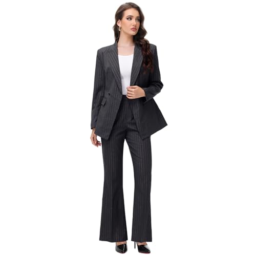 Lamgool Women's Pinstrip Suit Gold Lines 2 Pieces Slim Fit Business Blazer Flared Pants Set for Work4