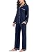 Women's Classic knit Pajama Set Long Sleeve Button Down Pyjama Navy Blue S
