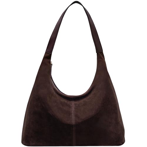 Larcenciel Brown Suede Leather Hobo Shoulder Bag, Trendy Large Capacity Slouchy Tote Handbags with Zipper Closure & Strap