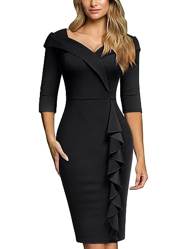 AISIZE Women's Vintage V-Neck 3/4 Sleeve Ruffle Cocktail Formal Pencil Dress