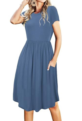 Image of Simier Fariry Women Summer Short Sleeve Pocket Casual Midi Teacher Dress Blue XL