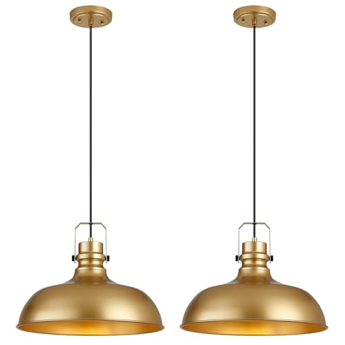 Image of Gold Farmhouse Pendant Lights for Kitchen Island 16 Inch | ETL Certificate,Industrial Adjustable Height Vintage Dome Hanging Light Fixtures for Barn, Dining Room 2 Pack
