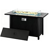 45 Inch Propane Fire Pit Table, 50,000 BTU Outdoor Gas Fire Pit for Patio & Backyard, 2-in-1 Firepit Dining Table with Glass Wind Guard, Blue Glass Rocks & Waterproof Cover, Grey