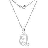 Tuscany Silver Women's Sterling Silver Rhodium Plated CZ 11.5mm x 19.5mm Script 'Q' Initial Pendant on Sterling Silver Rhodium Plated Curb Chain 46cm/18