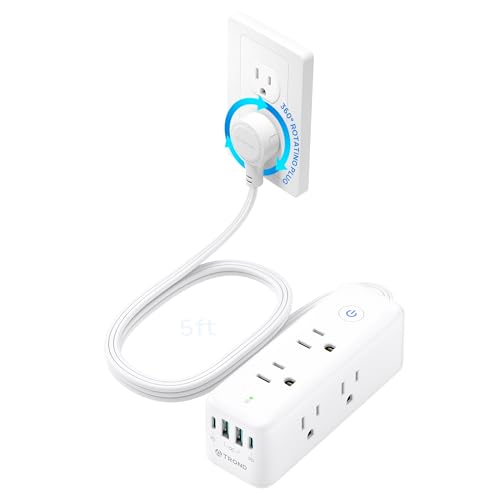 Image of TROND 360 Rotating Flat Plug Power Strip with USB-C PD20W, White | Flat Extension Cord 5ft with 6 Widely Spaced Outlets, 1440J Surge Protector, USB Power Strip for Home Office Dorm Travel