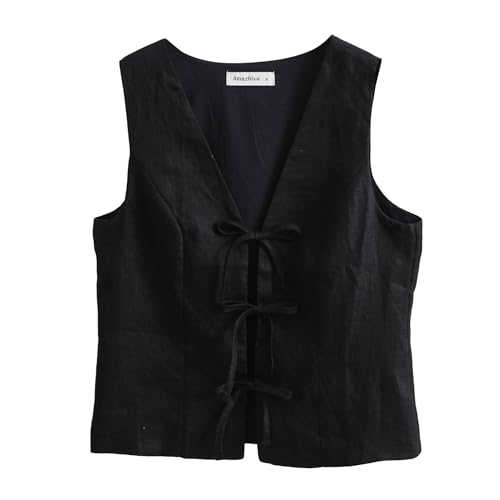 Amazhiyu Women's 100% Linen Summer Tie Front Sleeveless Crop Tops Casual Vest3