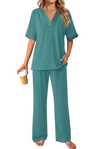 GKBK Womens Two Piece Outfits Pajama Sets 3/4 Dolman Sleeve V Neck Sleepwear Nightwear Loungewear Matching Pjs 2 Piece Lounge Set Lightweight Sweatsuit Fall Fashion Ooutfit Cyan M — view 6