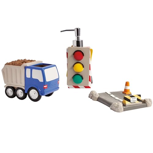 dream FACTORY Trains and Trucks Kids Bathroom Accessories Set - 3-Piece Organizer Décor for Bath Countertop - 1 Toothbrush Holder, 1 Lotion Pump / Soap Dispenser, 1 Soap Dish Tray, Grey - Thumbnail 6