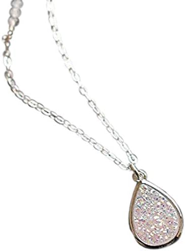 Designed By Stacey Handmade Iridescent White Druzy Teardrop Pendant Necklace, Sterling Silver Jewelry, Gifts for Women, Birthday, Anniversary, Wedding, Mother's Day, Prom, 16 to 18" Adjustable Chain