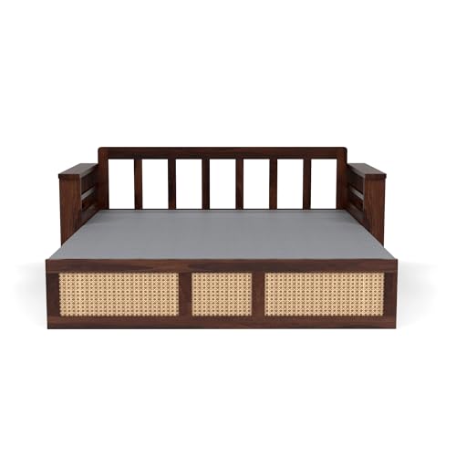 Image of Mamta Furniture Sheesham Wood Sofa Cum Bed with Storage Rattan Cane Design Wooden Sofa Set for Living Room Bedroom 3 Seater Convertible Sofa Bed in Walnut Finish