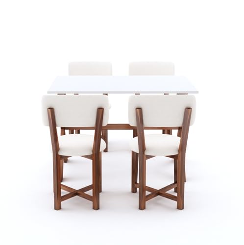 Image of Sheesham Wood 45 inch Inch Dining Table 4 Seater | Marble Finish Four Seater Dinning Table Set with 4 Upholstered Dining Chairs | Table: Criss Cross Design | Chair: Premium Round Edge | Rosewood, Honey
