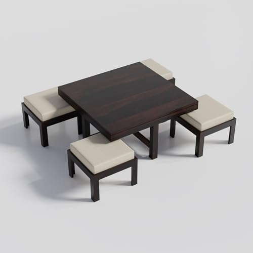 Image of Solid Sheesham Wood Coffee Table with 4 Stool | Square Centre Table with Stool | Center Table with 4 Stools for Living Room|Patio Table with 4 Puffy for Home| wallnut Finish, Pre Assembled
