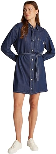 Calvin Klein Damen Jeanskleid Lyocell Belted Denim Shirt mit Gürtel, Blau (Denim Mid), S