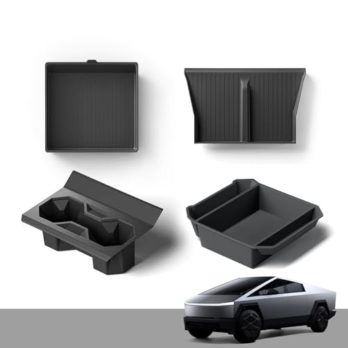 Center Console Organizer for Tesla Cybertruck Accessories 4 PCS Bundle Silicone Cup Holder Insert & TPE Pad for Wireless Charger and Armrest Box Storage Tray Mat Interior Protection Mat Anti-Slip
