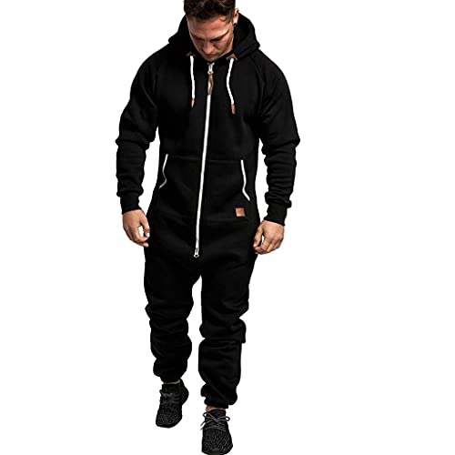 WUAI-Men Casual Zip Up Hooded Jumpsuit One Piece Pajamas Playsuit Jogging Sweatsuit Overall Romper Onesie
