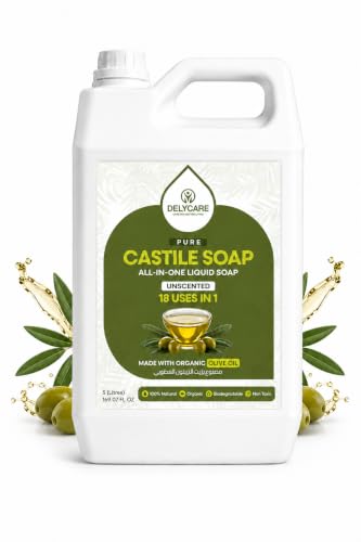 Organic Pure Castile Liquid Soap - 100% Natural Made with Organic Oils 18-in-1 Uses: Face Body Hair Laundry Pets and Dishes Concentrated Vegan Non-GMO Non Toxic (5 Litres Unscented)