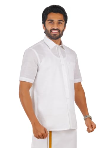 Image of RAMRAJ COTTON Men White Solid Half Sleeve Cotton Shirt