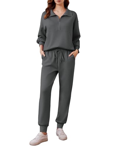 Image of PINSPARK 2 Piece Sets for Women Long Sleeve Half Zip Tracksuit Jogger Sets | 2026 Fall Travel Outfits Lounge Set, Lightweight Soft Air Layer Fabric, Kangaroo Pocket Sweatshirt, Drawstring Joggers Pants