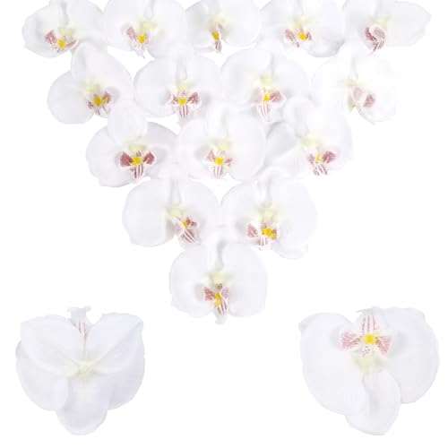 UUXX White Orchid Artificial Flowers Heads 15PCS Fake Orchid Heads Silk Flowers Bulk Real Touch Faux Orchids for Cake Bridal Shower Home Party Wedding Decoration (White)
