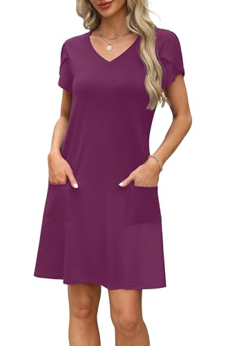 Image of OFEEFAN Womens Summer Dresses 2026 Tulip Petal Short Sleeve V Neck Loose Swing Sundresses with Pockets Plain /Print