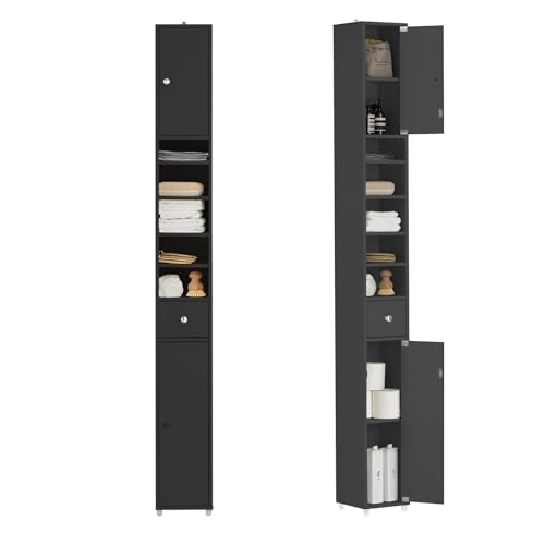 SoBuy Mueble Columna de Baño Estrecho – Armario Auxiliar de Baño en MDF Resistente al Agua con Estantes Ajustables y Cajón, Negro, 20x180x20cm, BZR34-SCH