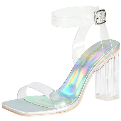 Image of Women's Clear Chunky Block Heeled Sandals 3.74 Inches Open Toe Ankle Strap Block High Heel Sandal Dress Dancing Sandals Daily Work Party Shoes