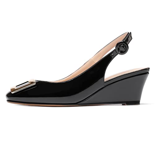 WAYDERNS Women's Square Toe Slingback Patent Metal Rectangle Buckle Wedge Low Heel Pumps Ladies Evening Dress Shoes 2 Inch2