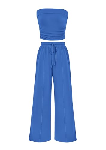 PRETTYGARDEN Womens Summer Outfits 2 Piece Sets Casual Ribbed Knit Crop Tube Top Wide Leg Pants Spring Matching Lounge Set(Blue Medium)