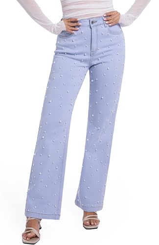 Women's Straight Jeans Pearl High Waisted Stretch Cotton Cute Jeans for Womens Trendy