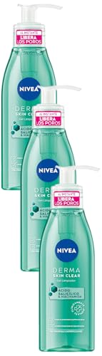 NIVEA Derma Skin Clear Gel Limpiador (150 ml), limpiador facial para pieles propensas a imperfecciones con fórmula vegana, limpiador de poros (Paquete de 3)