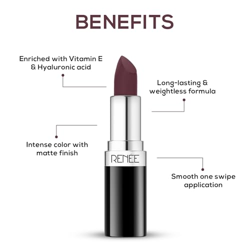 Image of RENEE Stunner Matte Lipstick - Merlot Mystery 4gm - Intense Color Pay Off, Full Coverage Long Lasting Weightless Velvety Formula With One Swipe Application - Enriched With Vitamin E & Hyaluronic Acid